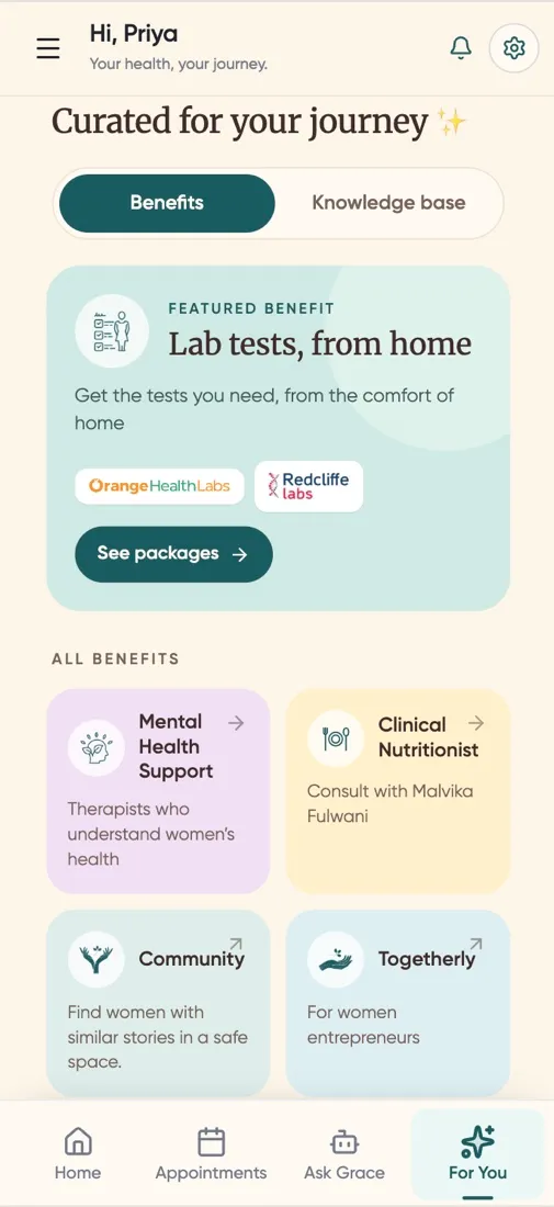 The For You screen in Grace, showing lab tests from home, mental health support, a clinical nutritionist and community