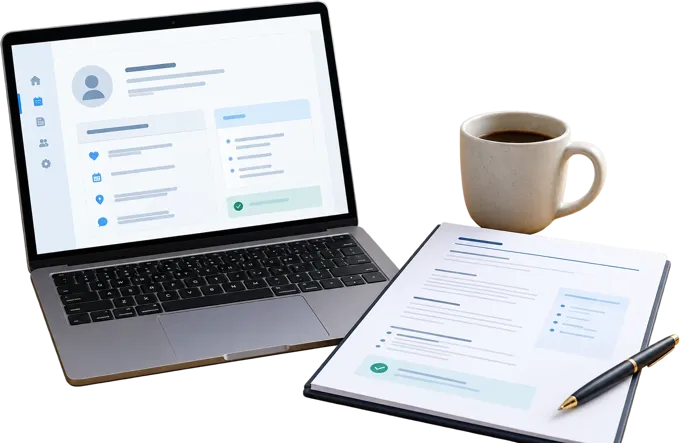 A laptop, coffee and printed case summary
